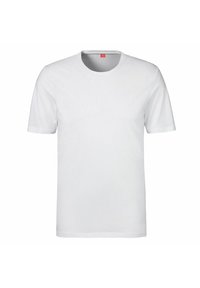 Weißes T-Shirt mit kurzen Ärmeln aus Baumwolle, mit rundem Halsausschnitt und geradem Schnitt. Keine Muster oder Grafiken sichtbar.