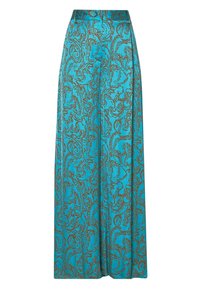 Pantalons larges en tissu turquoise avec un motif paisley marron. Design taille haute avec une texture lisse et sans quincaillerie visible.