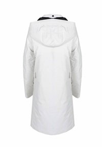 Lange witte parka met een capuchon, voorzien van een gladde textuur, zijzakken en een halve ritssluiting bij de hals. De achterkant toont een rechte silhoutte.