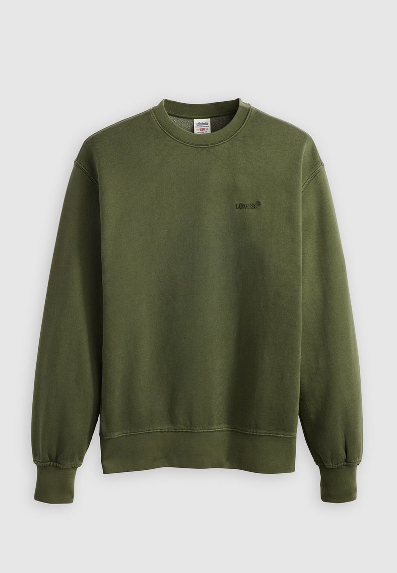 Sweatshirt vert à col rond en tissu doux, avec des poignets côtelés et un petit logo brodé sur la poitrine. Coupe classique sans motifs.