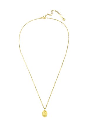 Guld kæde med en oval pendantsmykke med tekstureret palme træ design. Justerbar længde med en lås og kæde forlængelse.