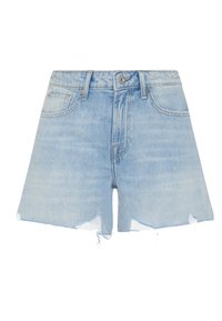 Bermuda in denimazzurro chiaro con vita alta, caratterizzate da dettagli con orlo sfilacciato e design classico a cinque tasche. Il materiale sembra morbido e vissuto.