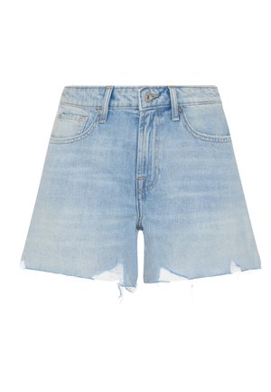 Hellblaue Denim-Shorts mit hoher Taille, versehen mit ausgefranstem Saum und klassischem Fünf-Taschen-Design. Das Material wirkt weich und abgenutzt.