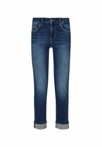Jean en denim bleu foncé, coupe slim, avec poches avant, fermeture par bouton et zip, et revers pliés dévoilant une doublure en tissu à motifs.