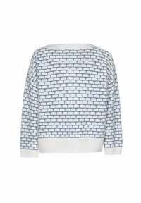 Weißer Strickpullover mit langen Ärmeln, der ein blaues, ziegelartiges Muster sowie gerippte Bündchen und Saum aufweist.