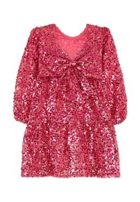 Abito rosa con paillettes, maniche lunghe, scollo a V e dettaglio con fiocco sul davanti. Sillhouette svasata con texture a strati. Superficie lucida e riflettente.