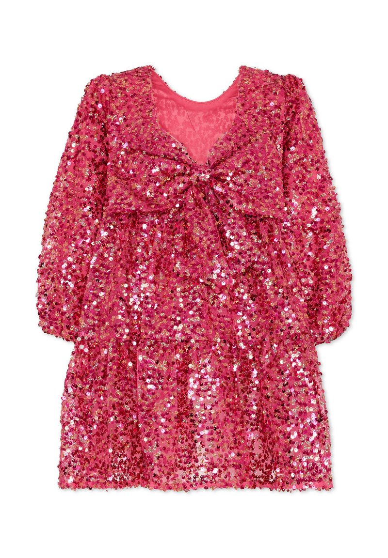 Abito rosa con paillettes, maniche lunghe, scollo a V e dettaglio con fiocco sul davanti. Sillhouette svasata con texture a strati. Superficie lucida e riflettente.