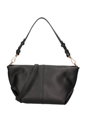 Sac à bandoulière en cuir texturé noir avec des sangles réglables et des fermoirs dorés, présentant une couture centrale et une forme légèrement arrondie.