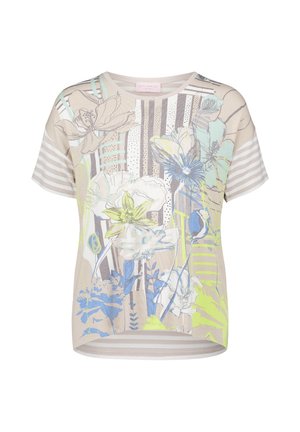 Beżowa koszulka z krótkim rękawem z pionowymi paskami i pastelowymi kwiatowymi wzorami w kolorach niebieskim, zielonym i żółtym, z okrągłym dekoltem.