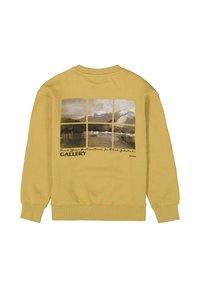 Sudadera amarilla con puños y dobladillo acanalados, que presenta un gráfico de un paisaje dividido en cuatro secciones y la palabra "GALLERY" impresa debajo.