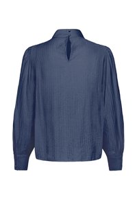 Blouse bleu marine à manches longues en tissu texturé, col montant, ouverture dos en forme de trou de serrure et fermeture par bouton au col.