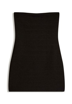 Rochie mini neagră bodycon fără bretele, cu detalii din material în stil bandaj orizontal.