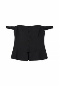 Schwarzes Peplum-Oberteil mit schulterfreien Trägern, strukturierter Brustpartie, Druckknöpfen auf der Vorderseite und glatter Stofftextur.