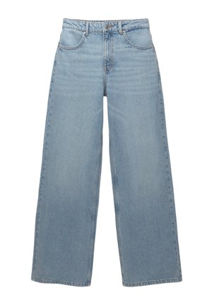 Lichtblauwe wijduitlopende jeans gemaakt van katoen denim, met vijf zakken, een sluiting met een knoop aan de voorkant en minimale rafeling langs de zoom.