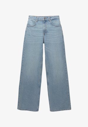 Light blue wide-leg jeans made from cotton denim, featuring five pockets, a front button closure, and minimal fraying along the hem.