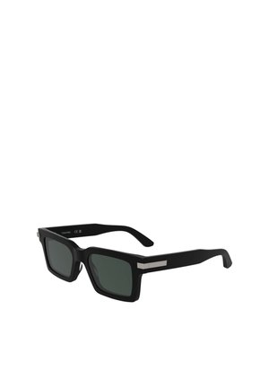Black rectangular sunglasses with green lenses, metal accents on the temples, and a matte finish on the frame.