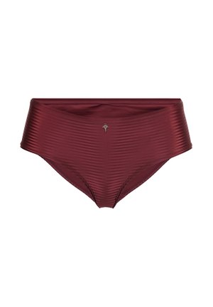 Wine-colored high-waisted bikini bottom with ribbed texture and a silver accent detail. Smooth fabric, full coverage design.