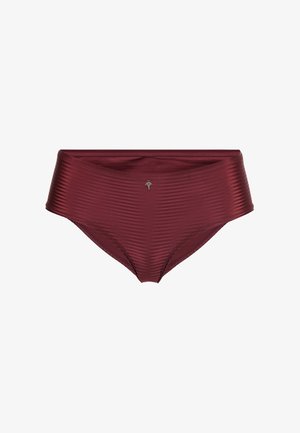 Wine-colored high-waisted bikini bottom with ribbed texture and a silver accent detail. Smooth fabric, full coverage design.