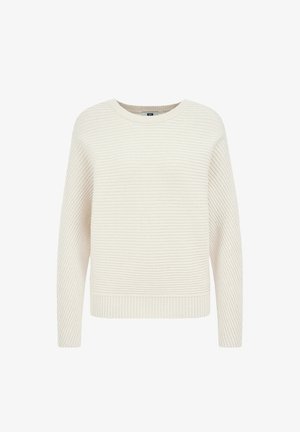 Pull en maille côtelée de couleur crème avec un col rond, une coupe décontractée et des manches longues. La texture présente des rayures verticales et un ourlet côtelé.