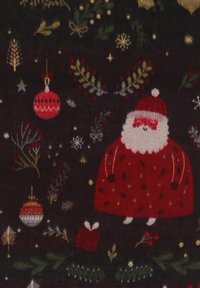 Le Père Noël en pull rouge et chapeau, entouré d'ornements de Noël, de baies de houx, de flocons de neige et d'un petit cadeau sur un fond de tissu sombre.