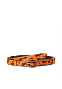 Pomarańczowy pasek w leopardzi nadruk wykonany z skóry, z złotą owalną klamrą z ćwiekami i teksturowanym wykończeniem. Dołączona podwójna pętla na pasek.
