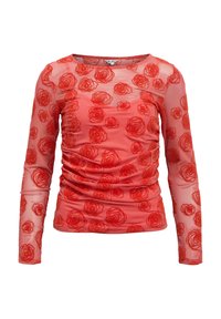 Sarkans garroku tops no caurspīdīga auduma ar izšūtu rožu rakstu. Krekls ir ar ruši detaļām visā ķermeņa daļā.