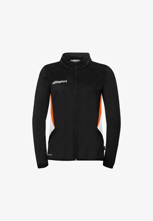 Black zip-up sports jacket with orange and white side panels, long sleeves, and "uhlsport" logo on the upper left chest.