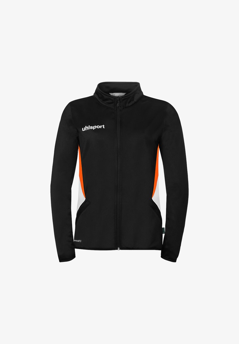 Veste de sport noire à fermeture éclair avec des panneaux latéraux orange et blanc, manches longues, et logo "uhlsport" sur le côté supérieur gauche de la poitrine.