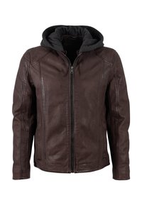 Braune Lederjacke mit grauem Kapuzenfutter, ausgestattet mit einem Frontreißverschluss, Seitentaschen und Nahtdetails an den Schultern und Ärmeln.