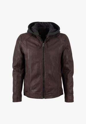 Bruine leren jas met een grijze capuchon, voorzien van een ritssluiting aan de voorkant, zijzakken en naden op de schouders en mouwen.