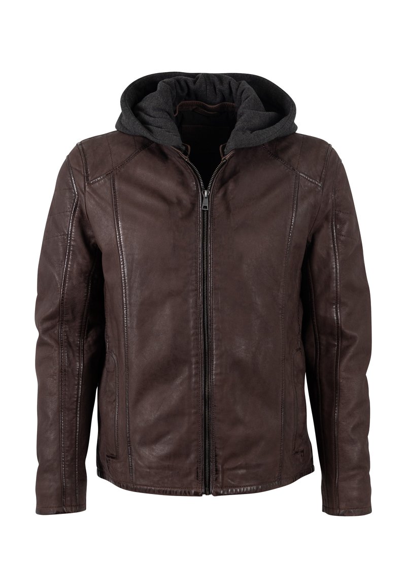 Braune Lederjacke mit grauem Kapuzenfutter, ausgestattet mit einem Frontreißverschluss, Seitentaschen und Nahtdetails an den Schultern und Ärmeln.