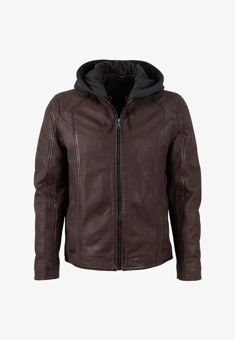 Braune Lederjacke mit grauem Kapuzenfutter, ausgestattet mit einem Frontreißverschluss, Seitentaschen und Nahtdetails an den Schultern und Ärmeln.