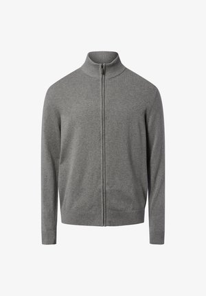 Maglione grigio con zip, collo alto, polsini e orlo a costine. Realizzato in materiale morbido, con una texture liscia senza motivi visibili.