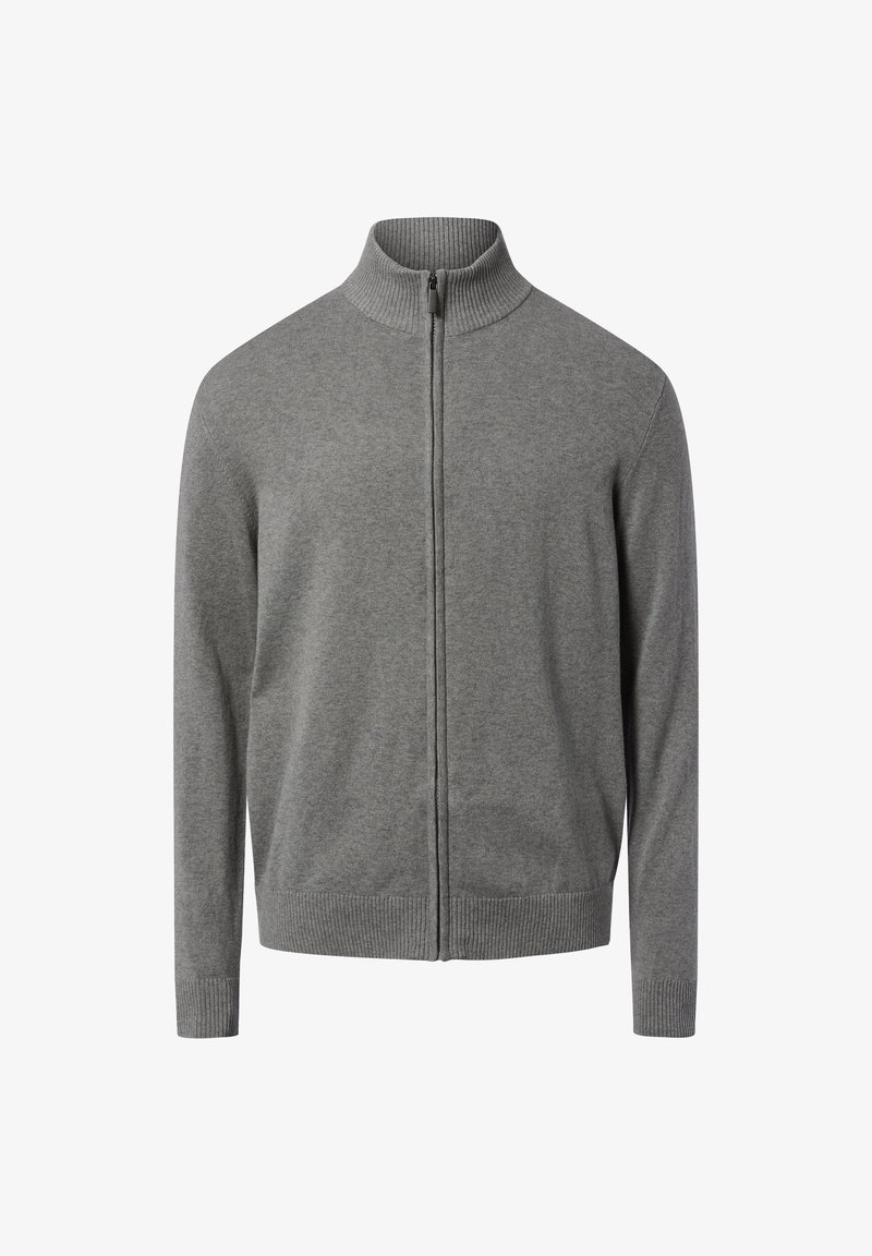 Gray zip-up sweater with a high collar, ribbed cuffs, and hem. Made of soft material, featuring a smooth texture without visible patterns.