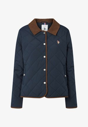 Teget prošivana jakna sa smeđim manšesternim ovratnikom, kopčanjem na pritisni gumb i izvezenim logotipom. Ima zaobljeni rub i duge rukave.