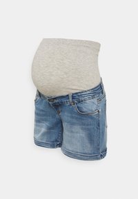 Maternity denim shorts with a light blue wash, featuring a gray stretchy panel for comfort, designed for a growing belly, with pockets.