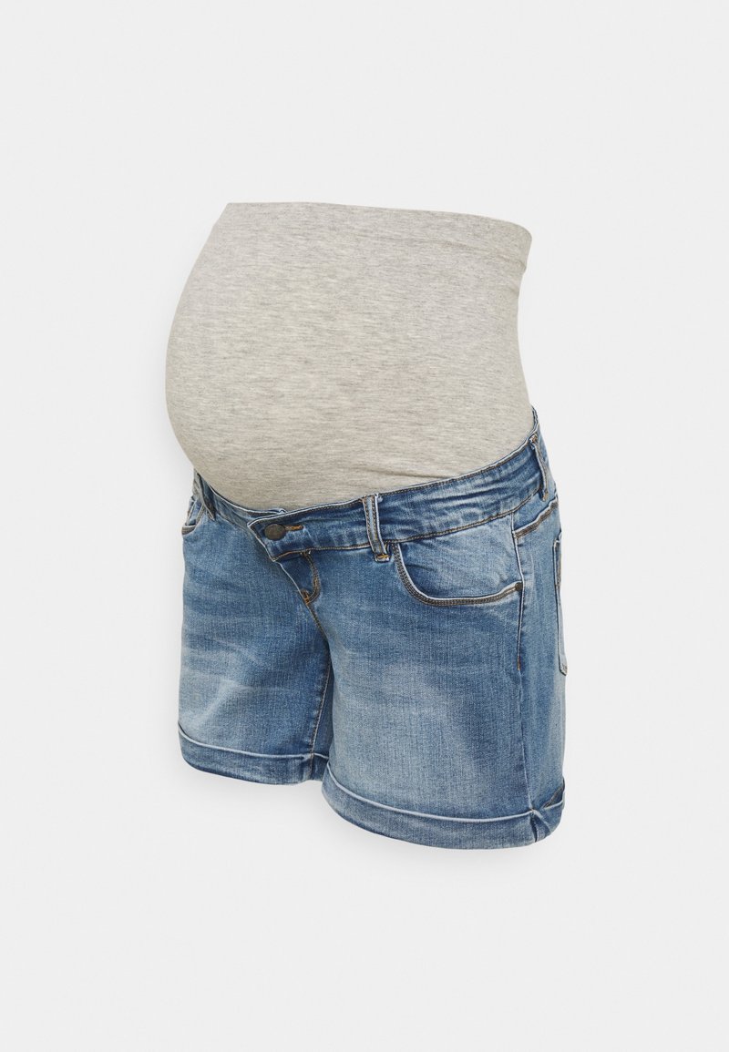 Maternity denim shorts with a light blue wash, featuring a gray stretchy panel for comfort, designed for a growing belly, with pockets.
