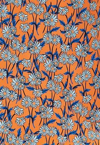 Textile with a bright orange background featuring a repeating floral pattern of white and blue daisies and green leaves, densely packed.