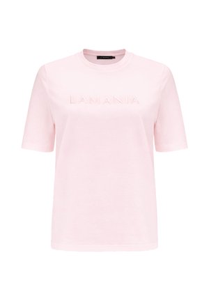 hele roosa lühikeste varrukatega puuvillane T-särk ümarate kaelusega ja reljeefse "LAMANIA" logoga rinna peal.