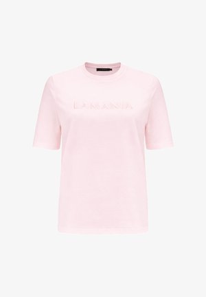 hele roosa lühikeste varrukatega puuvillane T-särk ümarate kaelusega ja reljeefse "LAMANIA" logoga rinna peal.