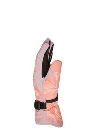 Rukavica s dlaňou v ružovom kvetinovom vzore, sivým látkovým palcom a zápästím a čiernym nastaviteľným pásikom na manžete pre bezpečné uchytenie.