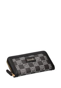 Portafoglio nero e grigio con un motivo a scacchi caratterizzato da motivi di rose, hardware dorato e una placca con logo. Chiusura a zip nella parte superiore.