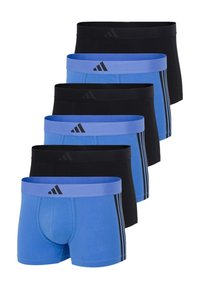 Set med sex herrboxershorts, växlande svart och blå med blåa midjeband som har en svart logotyp och sidostråkar på de blåa paren.