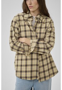 Tânără cu păr lung și castaniu, purtând o cămașă cu nasturi în carouri bej și maro și blugi de culoare albastru deschis, cu brațele încrucișate, privind în lateral.