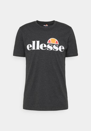 Dunkelgraues, kurzärmeliges T-Shirt aus Baumwolle mit einem weißen "ellesse"-Logo und einer mehrfarbigen Halbkreisgrafik über dem Text.
