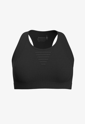 Schwarzer Sport-BH aus leichtem, elastischem Material. Verfügt über eine gerippte Textur, ein Racerback-Design und horizontale Muster auf der Vorderseite.