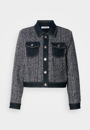 Denim jacket with a textured navy and white body, featuring two chest pockets, silver buttons, and a collared neckline. Cropped design.