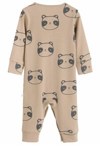 Vauvan vaalea ribattu haalarimalli, jossa on harmaa pandakasvojen printti, pitkät hihat ja napitus alaosassa helppoa pukeutumista varten.