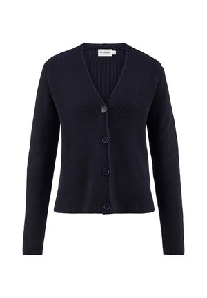 Marineblauer Cardigan mit geripptem Textur, V-Ausschnitt und fünf passenden Knöpfen entlang der Vorderseite. Lange Ärmel und eine schlanke Passform.