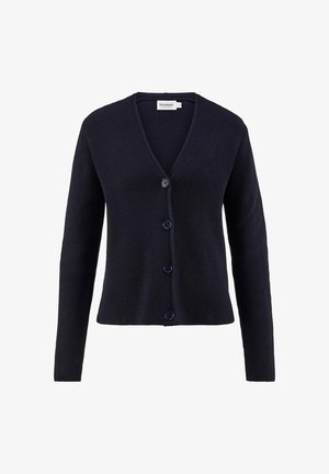 Marineblauer Cardigan mit geripptem Textur, V-Ausschnitt und fünf passenden Knöpfen entlang der Vorderseite. Lange Ärmel und eine schlanke Passform.